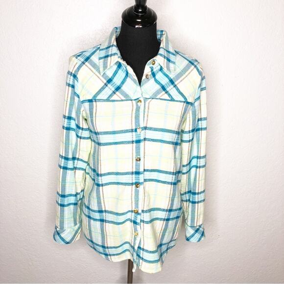 Soft Surroundings white blue yellow plaid flannel button down top size Small - Picture 1 of 15